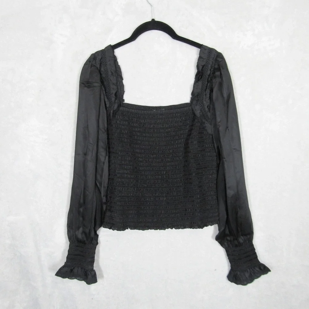 ME+EM Top Square Neck Lace Trim UK 10 US 6 Black Long Sleeve Smocked Coquette